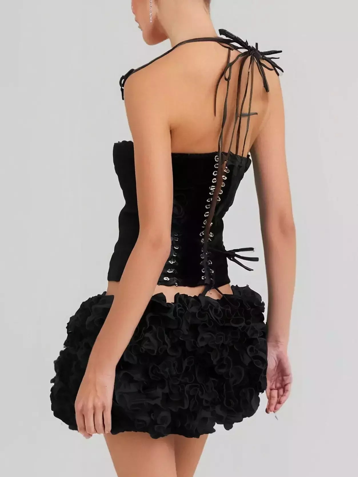 Floral-Appliqued Black Velvet Corset and Ruffle Skirt Set - Suits & Sets