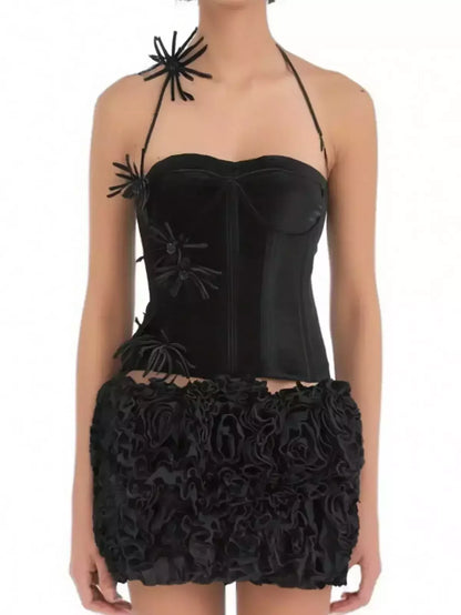 Floral-Appliqued Black Velvet Corset and Ruffle Skirt Set - Small - Suits & Sets