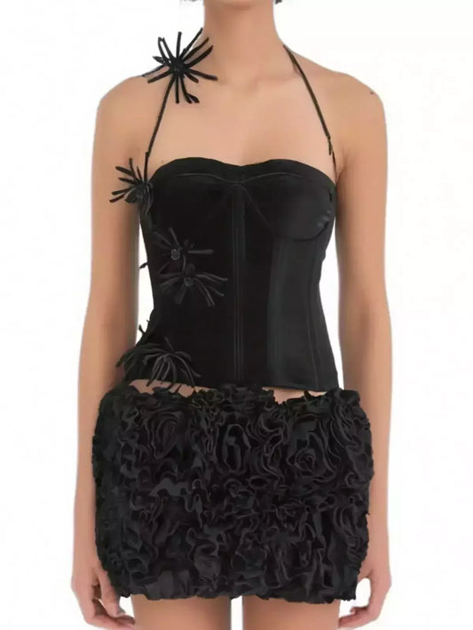 Floral-Appliqued Black Velvet Corset and Ruffle Skirt Set - Small - Suits & Sets