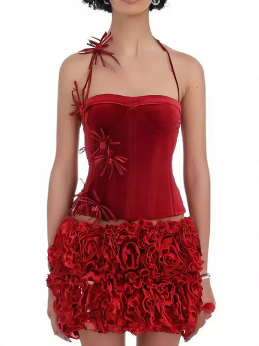 Floral-Appliqued Red Velvet Corset and Ruffle Skirt Set - Suits & Sets