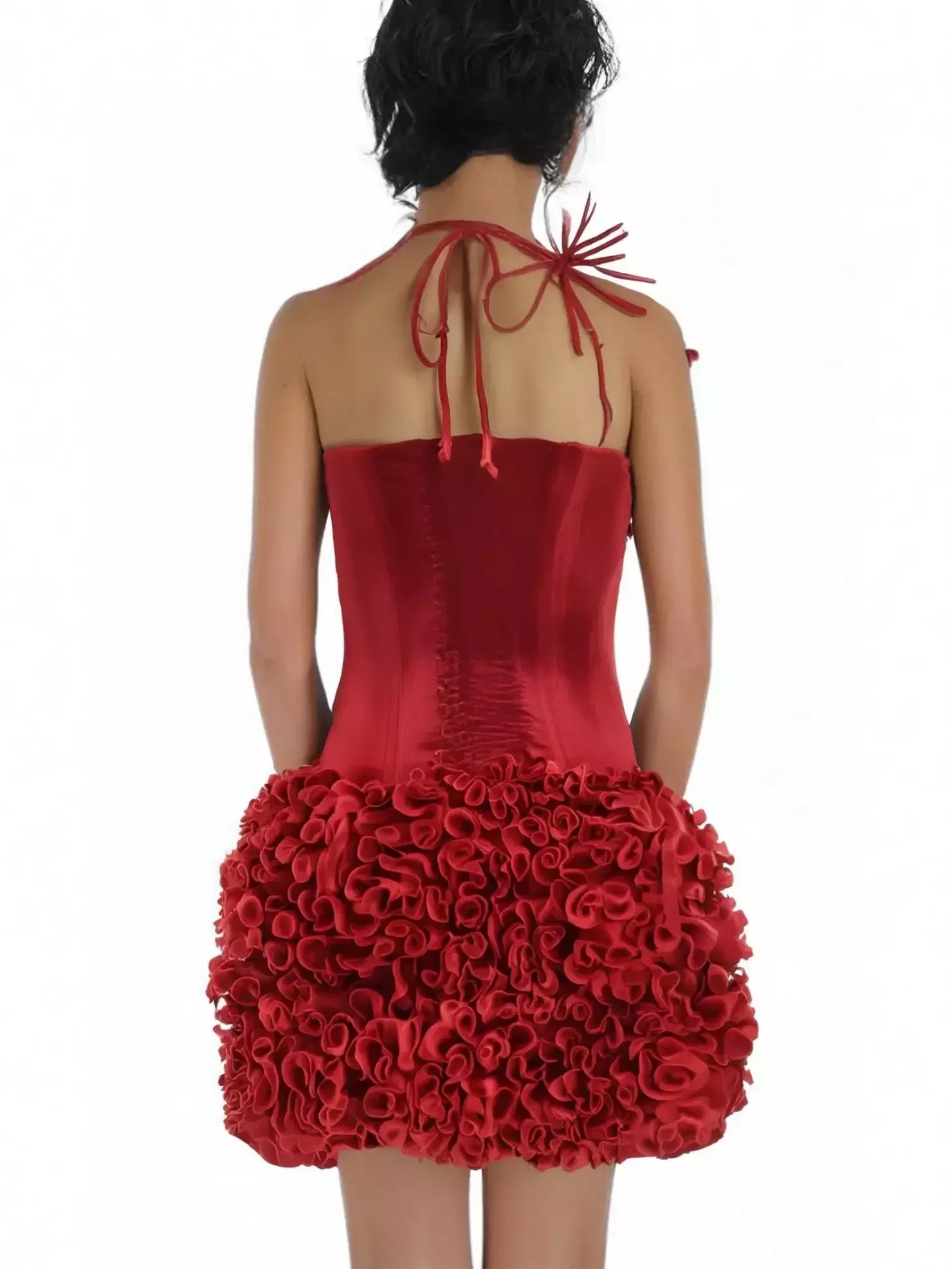 Floral-Appliqued Red Velvet Corset and Ruffle Skirt Set - Suits & Sets