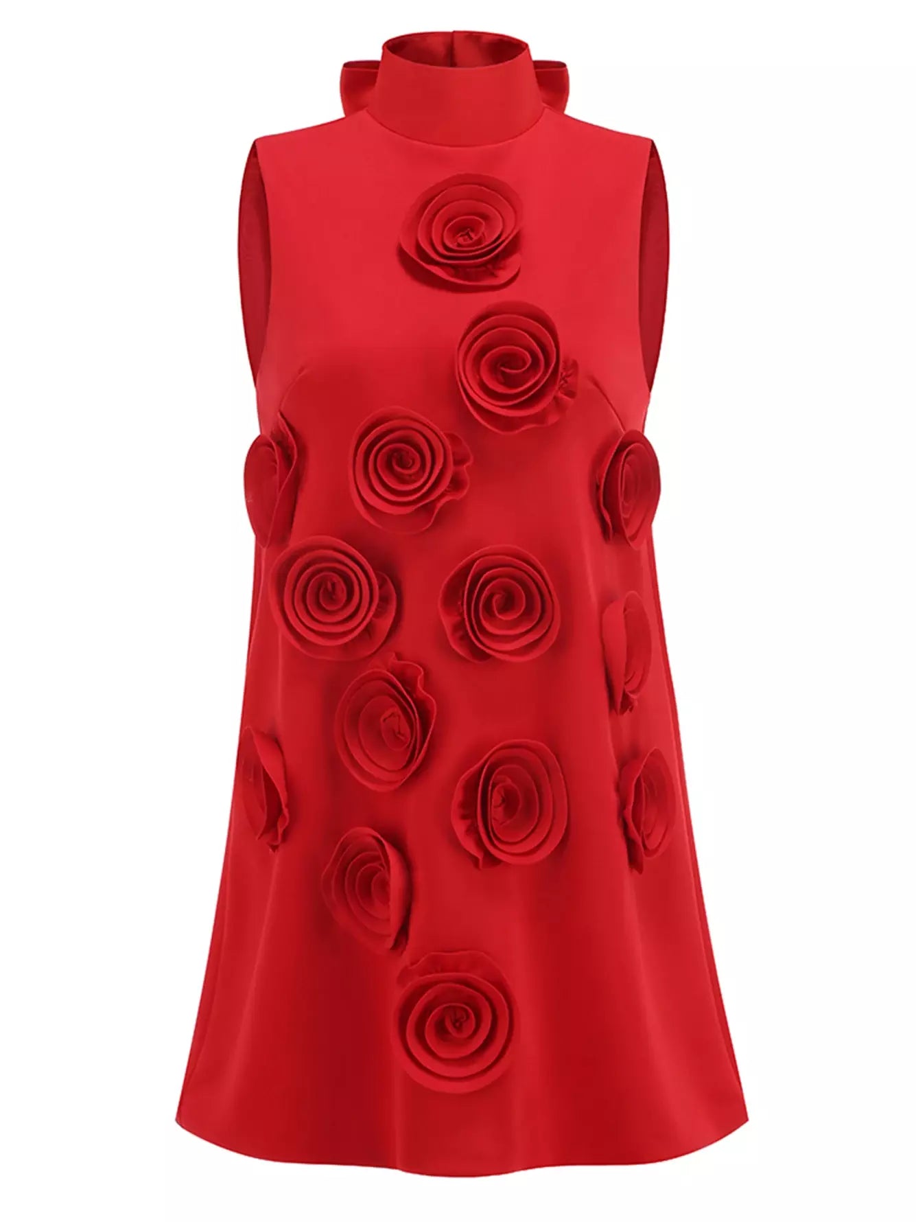 Floral-Appliqued Sleeveless Red Mini Dress - Dresses