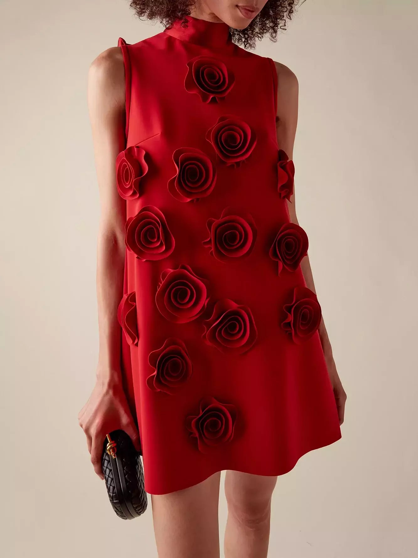 Floral-Appliqued Sleeveless Red Mini Dress - Dresses