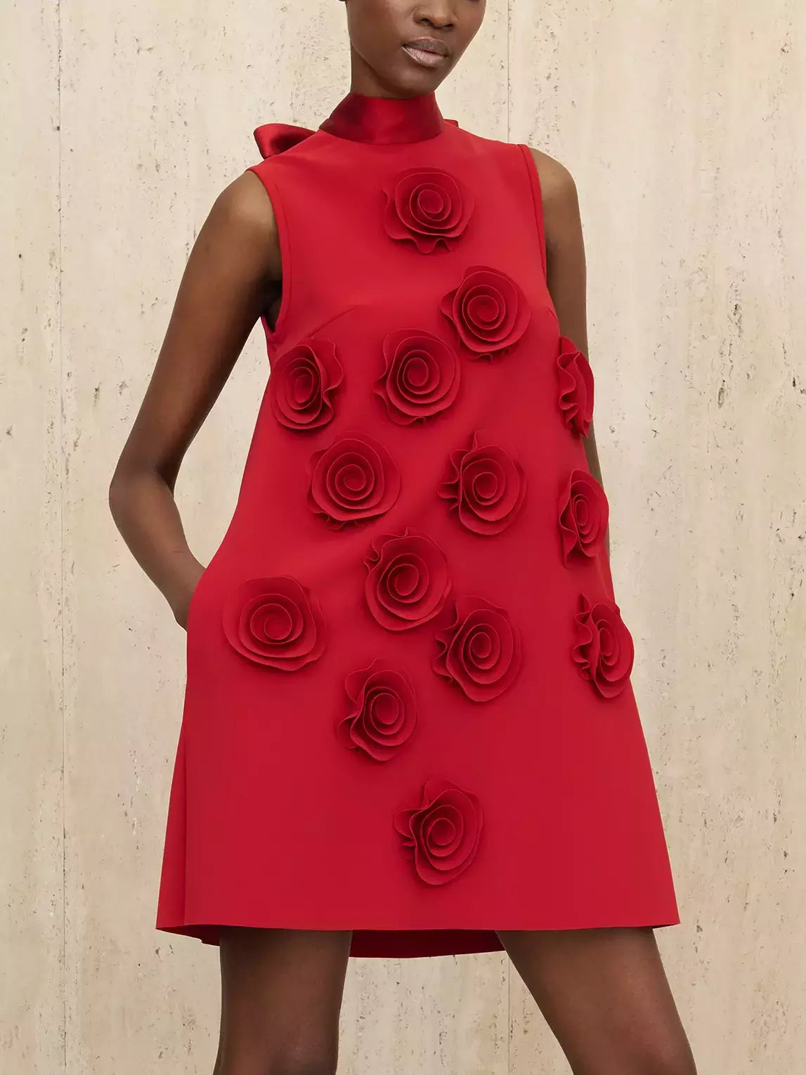 Floral-Appliqued Sleeveless Red Mini Dress - Dresses