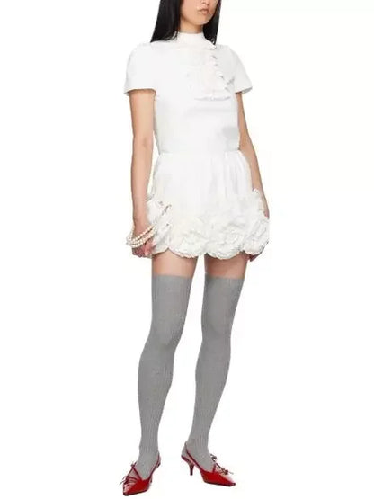 Floral Appliques Embellished Mini Skirt in White - Skirts