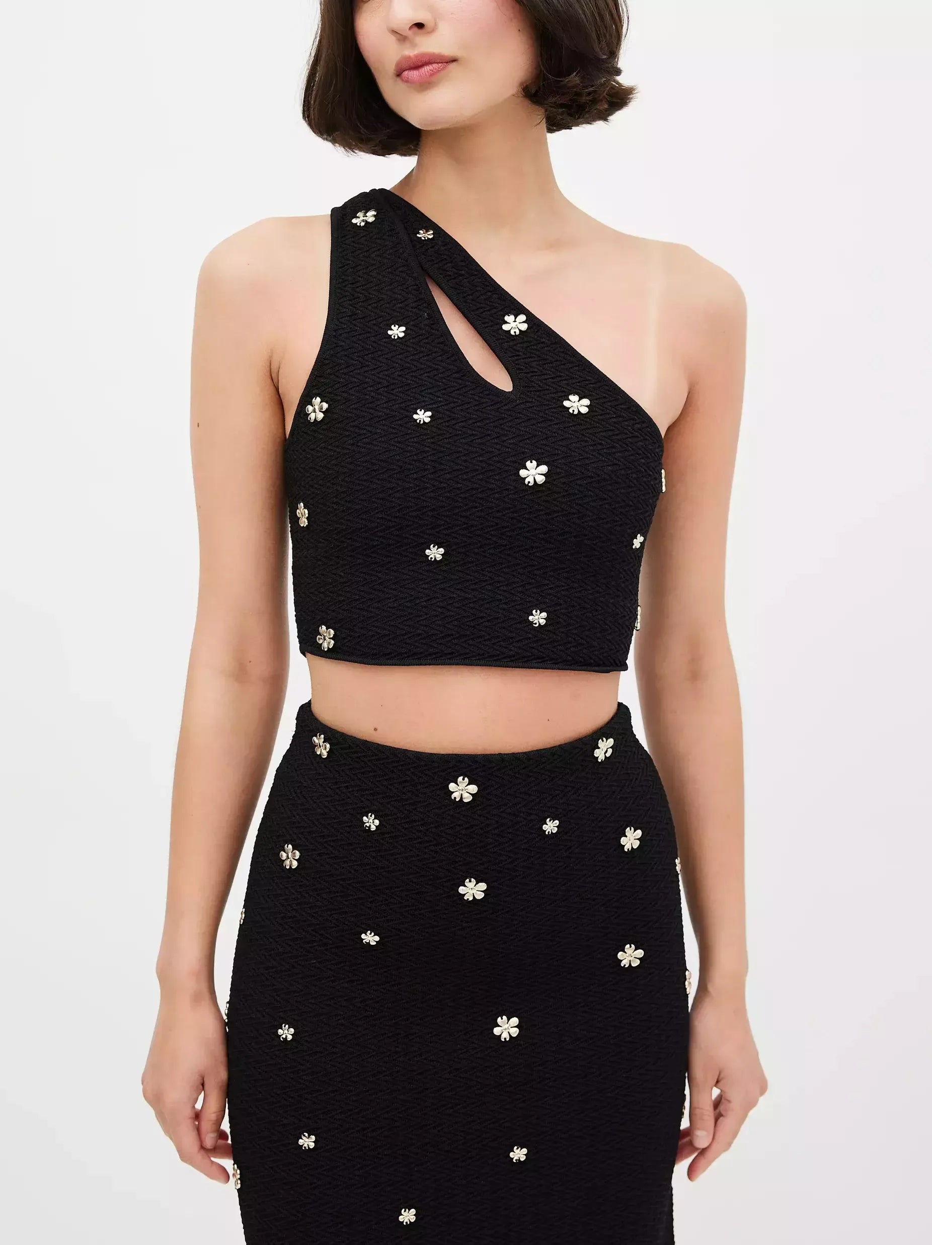 Floral Appliques knit One Shoulder Top and Skirt Set - Suits & Sets