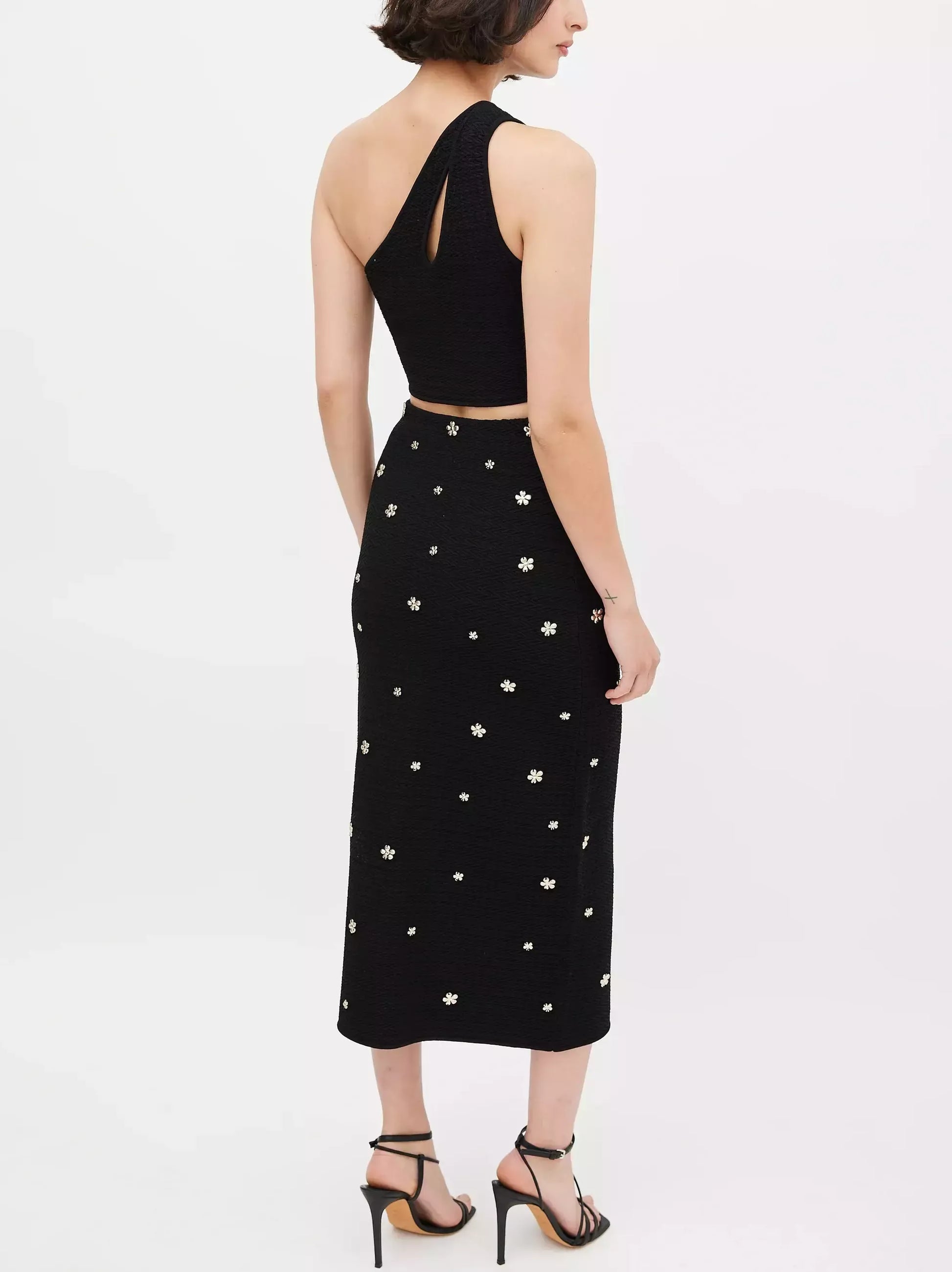 Floral Appliques knit One Shoulder Top and Skirt Set - Suits & Sets