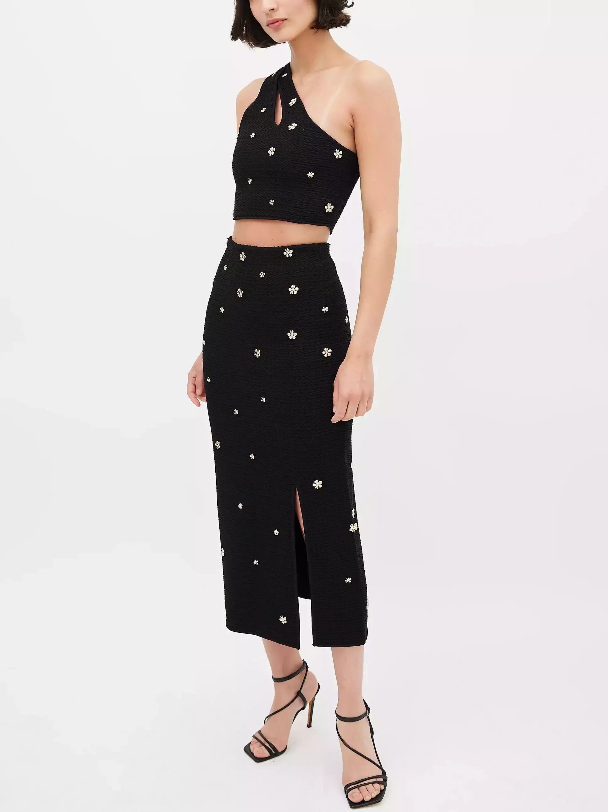Floral Appliques knit One Shoulder Top and Skirt Set - Suits & Sets