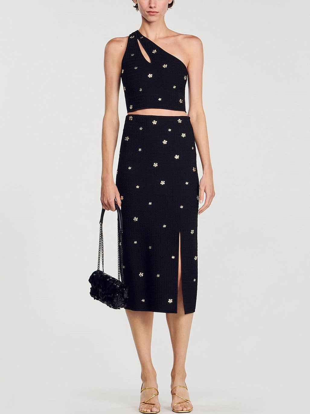 Floral Appliques knit One Shoulder Top and Skirt Set - Suits & Sets