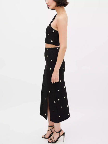 Floral Appliques knit One Shoulder Top and Skirt Set - Suits & Sets