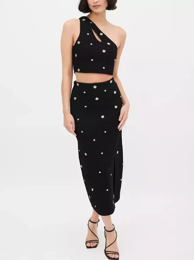 Floral Appliques knit One Shoulder Top and Skirt Set - Suits & Sets