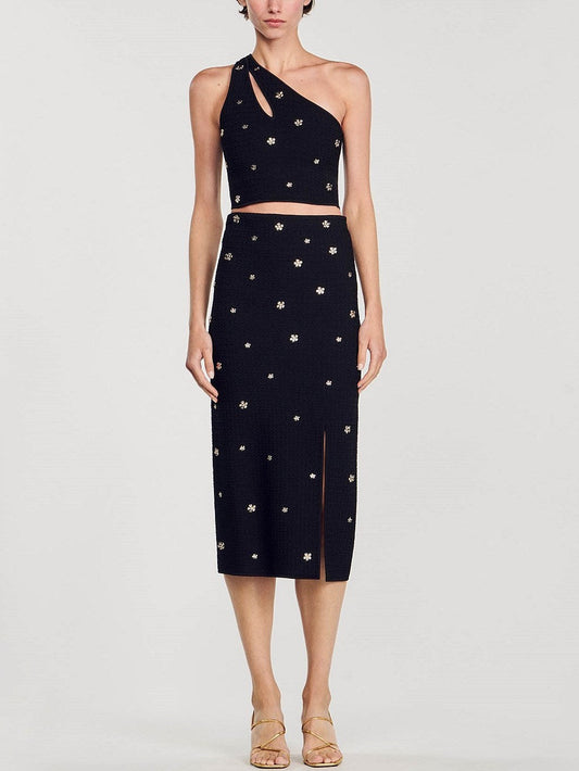 Floral Appliques knit One Shoulder Top and Skirt Set - Suits & Sets