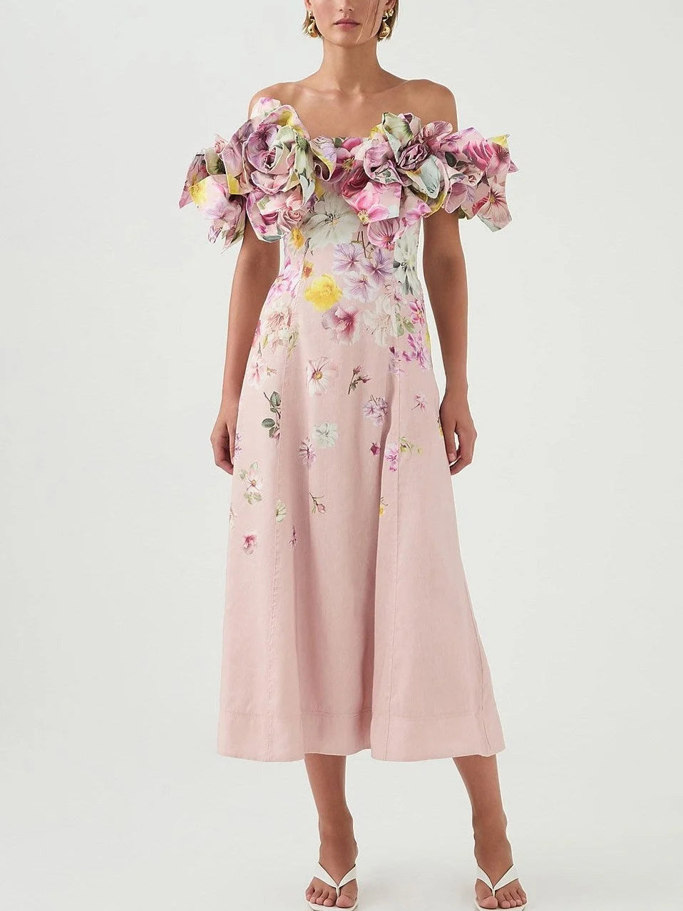 Floral Appliques Off-Shoulder Print Maxi Dress - Dresses