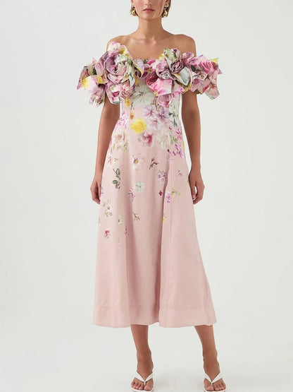 Floral Appliques Off-Shoulder Print Maxi Dress - Dresses