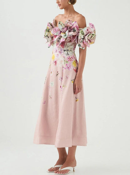 Floral Appliques Off-Shoulder Print Maxi Dress - Dresses