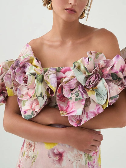 Floral Appliques Off-Shoulder Print Maxi Dress - Dresses