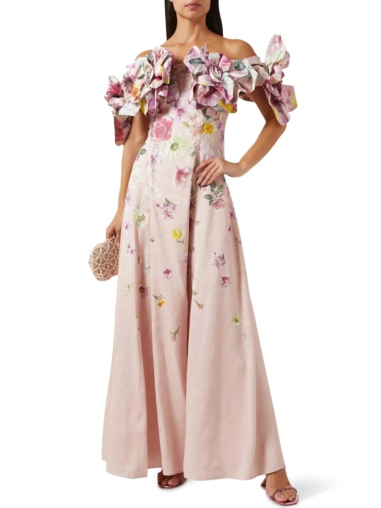 Floral Appliques Off-Shoulder Print Maxi Dress - Dresses