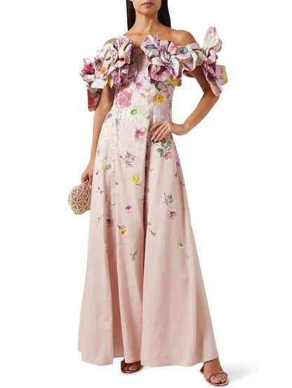 Floral Appliques Off-Shoulder Print Maxi Dress - Dresses