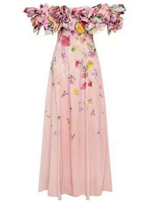Floral Appliques Off-Shoulder Print Maxi Dress - S - Dresses