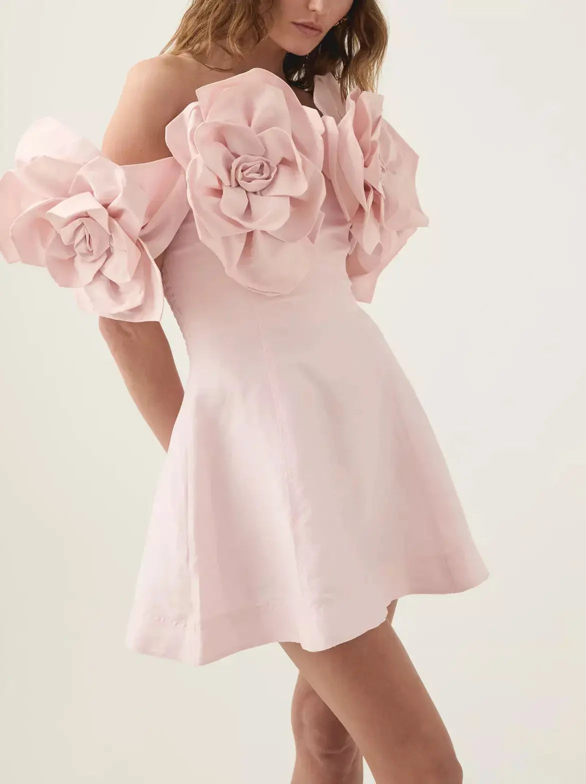 Floral-Appliques Pink Fit and Flared Off-Shoulder Mini Dress - Dresses