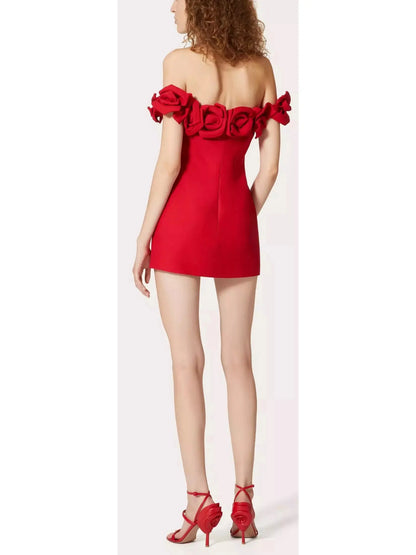 Floral Appliqués Red Off-The-Shoulder Mini Dress - Dresses