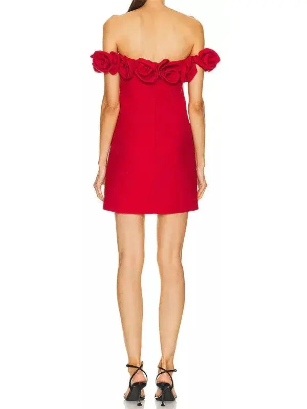 Floral Appliqués Red Off-The-Shoulder Mini Dress - Dresses