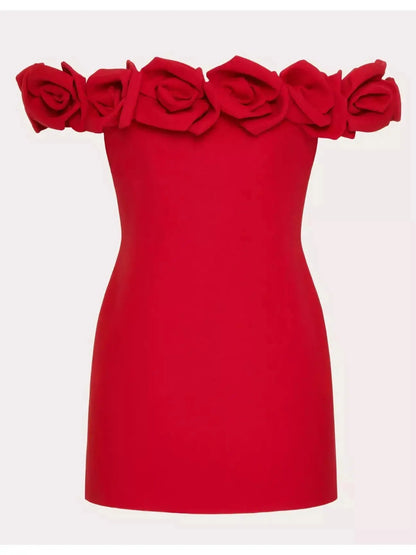 Floral Appliqués Red Off-The-Shoulder Mini Dress - Dresses