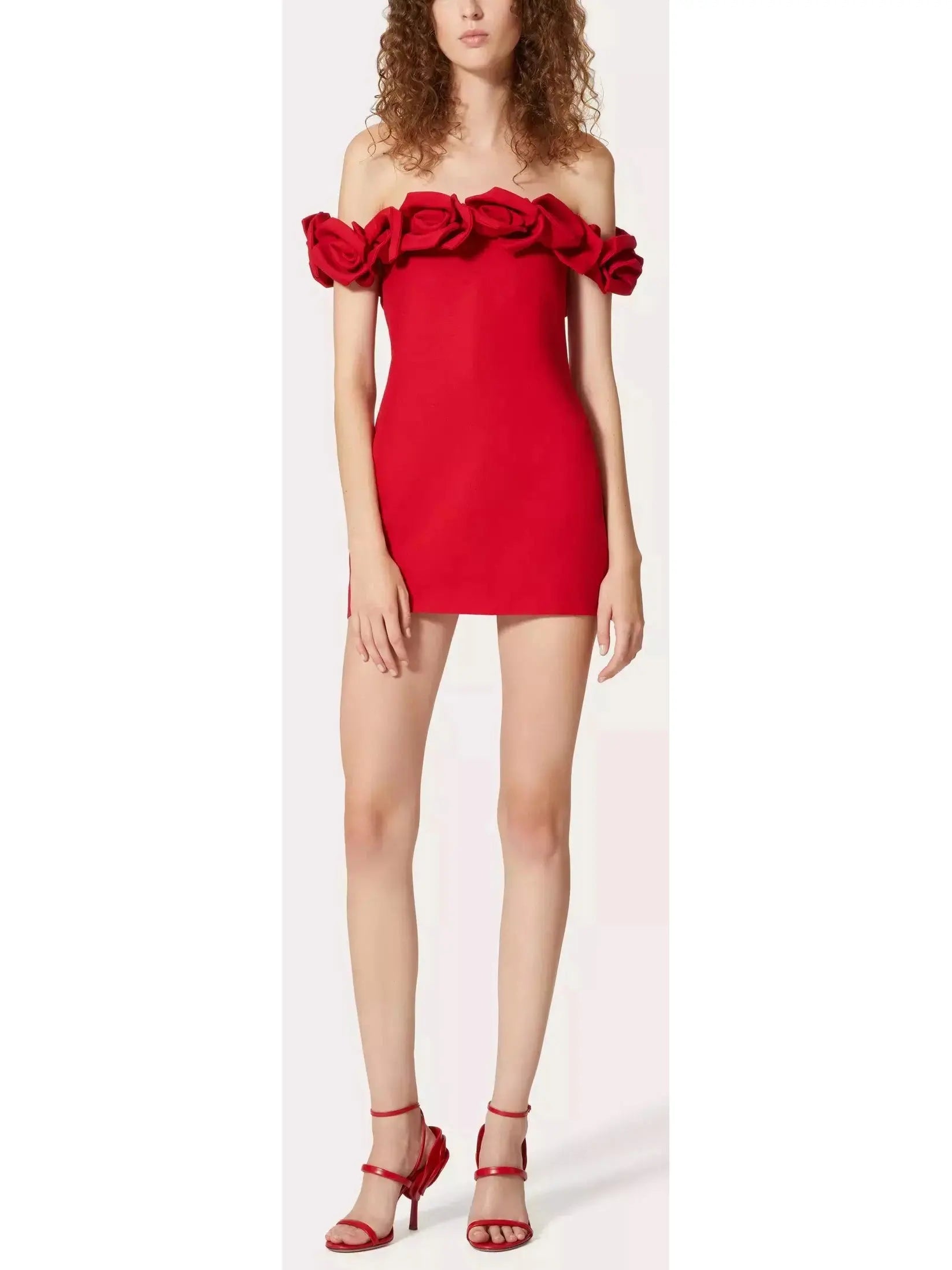 Floral Appliqués Red Off-The-Shoulder Mini Dress - Dresses