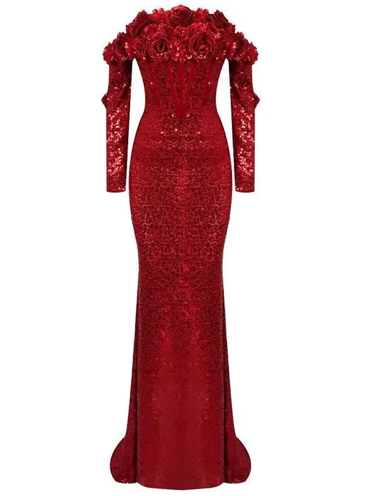 Floral Appliques Red Sequin-Embellished Off-Shoulder Gown - Dresses