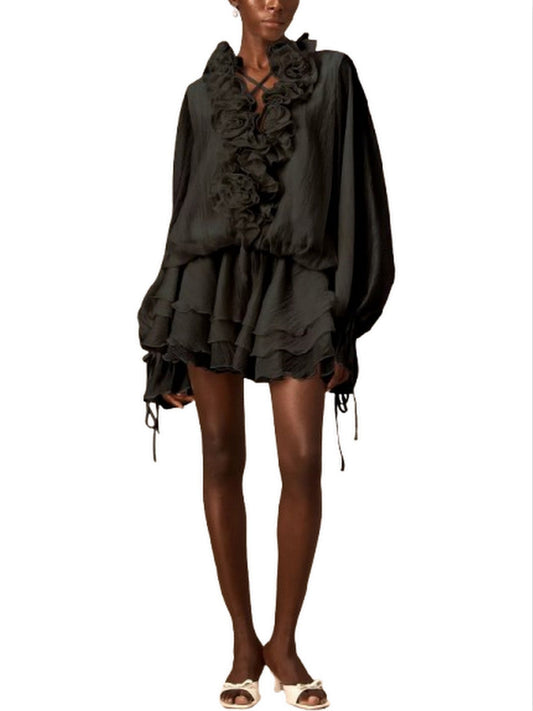Floral Appliques Ruffled Black Blouson Mini Dress - Dresses