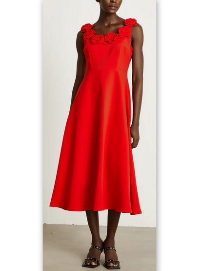 Floral-Appliques Sleeveless A-Line Red Midi Dress - Dresses