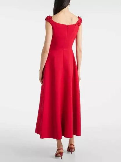 Floral-Appliques Sleeveless A-Line Red Midi Dress - Dresses