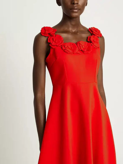 Floral-Appliques Sleeveless A-Line Red Midi Dress - Dresses