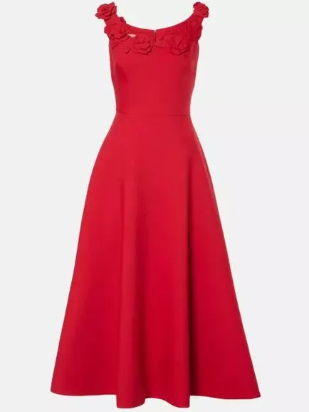 Floral-Appliques Sleeveless A-Line Red Midi Dress - Dresses