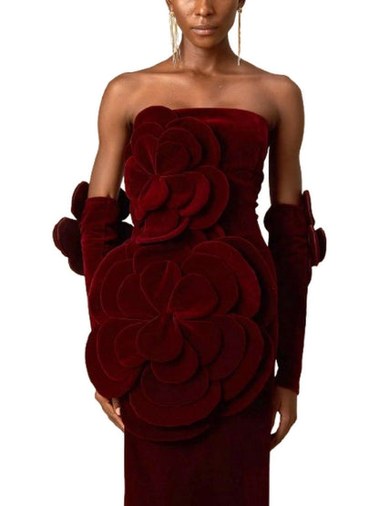 Floral Appliques Strapless Red Velvet Dress - Dresses