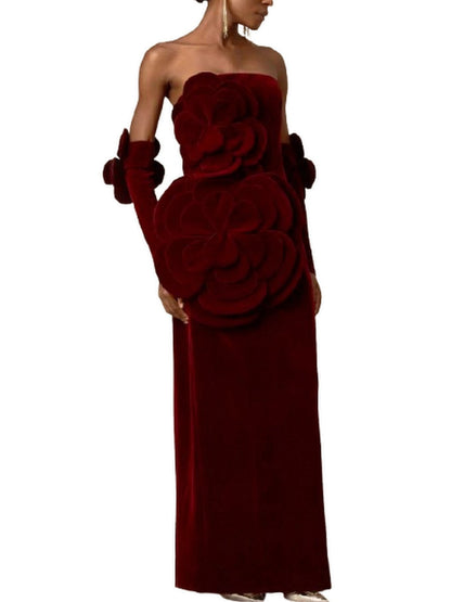 Floral Appliques Strapless Red Velvet Dress - Dresses