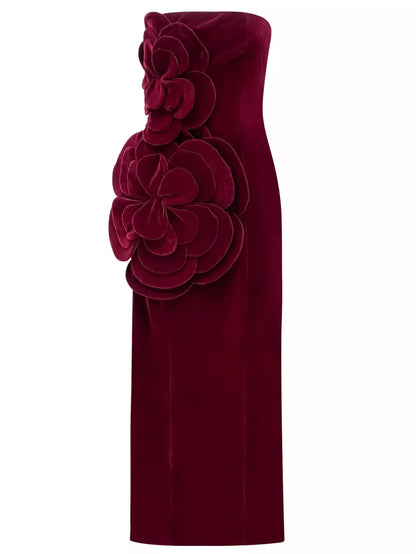 Floral Appliques Strapless Red Velvet Dress - Dresses