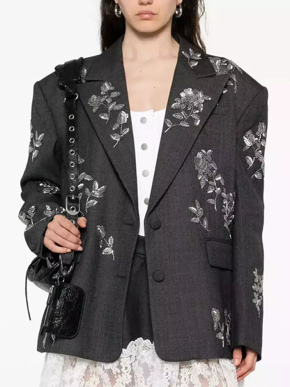 Floral Bead-Embellished Grey Blazer - Jackets
