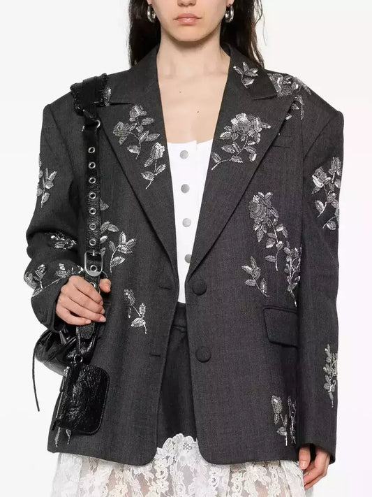Floral Bead-Embellished Grey Blazer - Jackets
