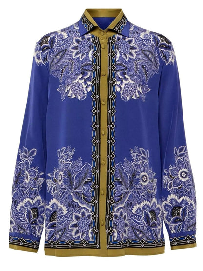 Floral Bouquet Print Silk Shirt - Tops