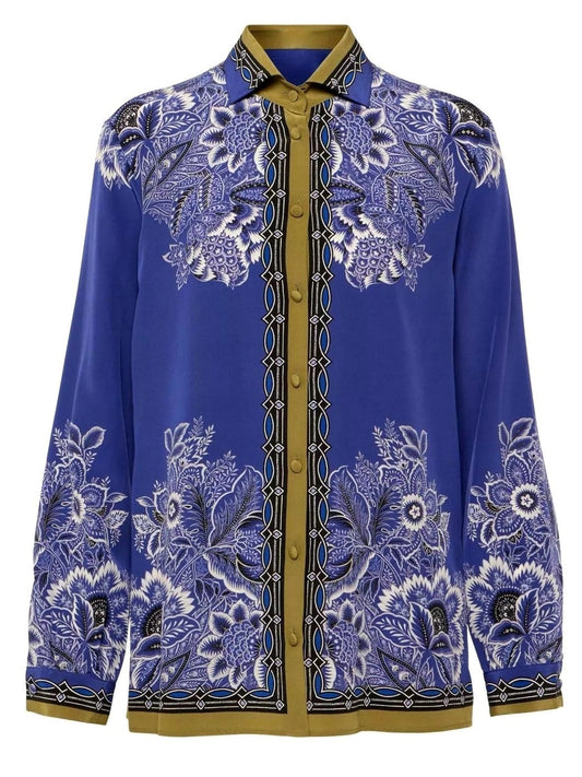 Floral Bouquet Print Silk Shirt - Tops