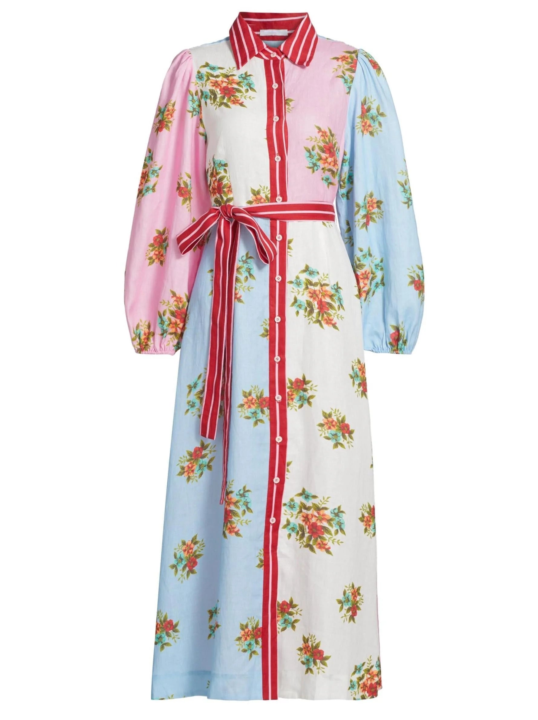 Floral Bouquet Printed Linen Long Shirt Dress - Dresses