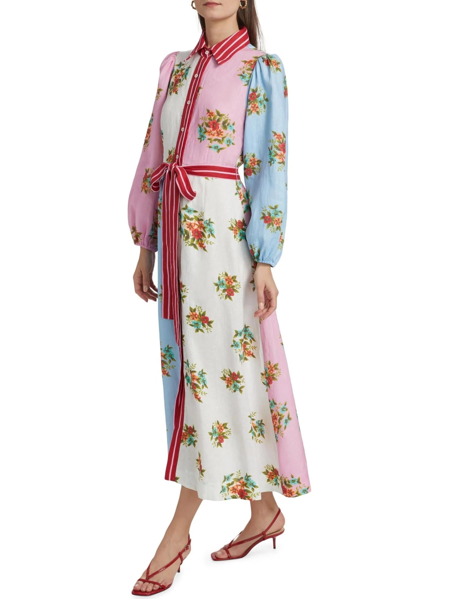 Floral Bouquet Printed Linen Long Shirt Dress - Dresses