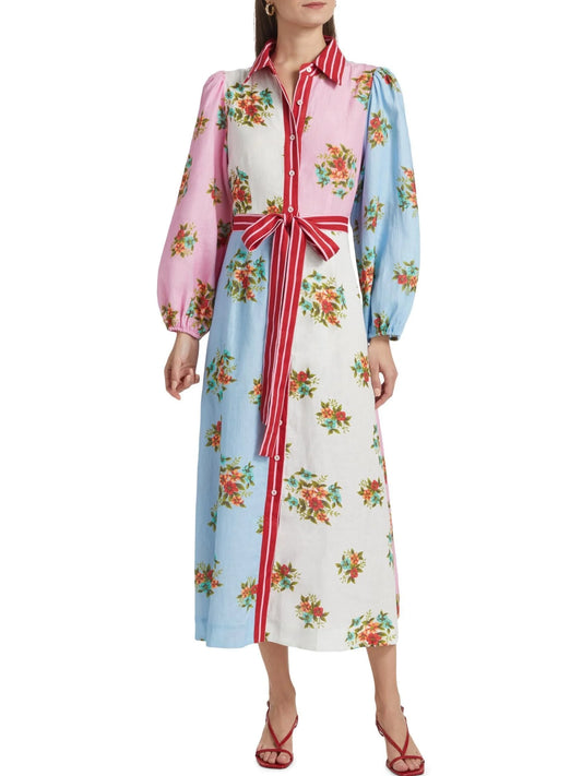 Floral Bouquet Printed Linen Long Shirt Dress - S - Dresses