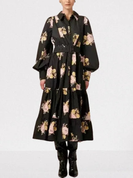 Floral Corsage Print Puff-Sleeve Black Belted Dress - Dresses