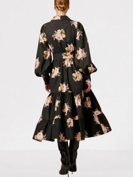 Floral Corsage Print Puff-Sleeve Black Belted Dress - Dresses