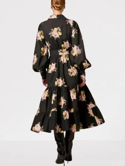 Floral Corsage Print Puff-Sleeve Black Belted Dress - Dresses