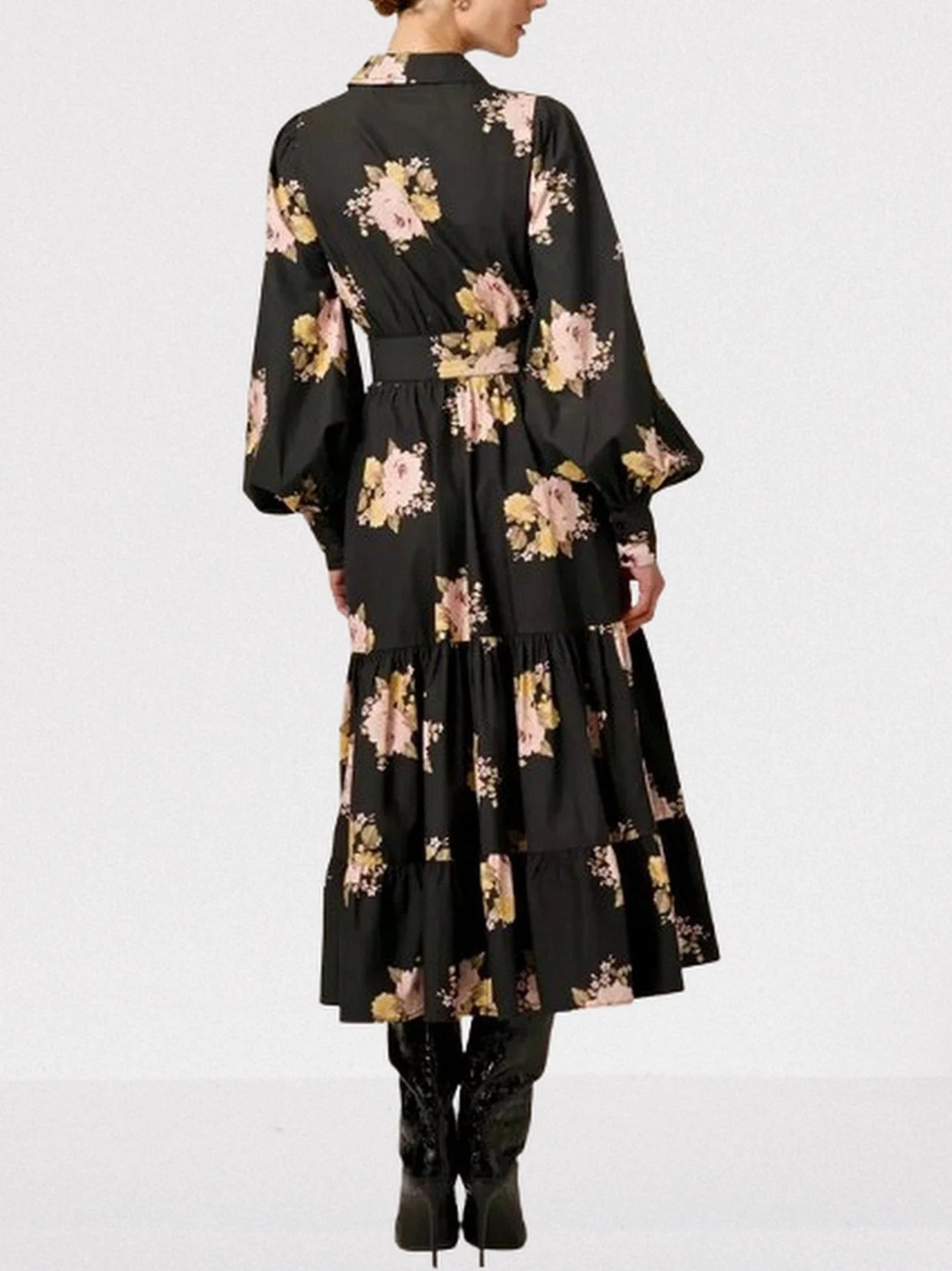 Floral Corsage Print Puff-Sleeve Black Belted Dress - Dresses