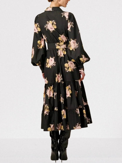 Floral Corsage Print Puff-Sleeve Black Belted Dress - Dresses