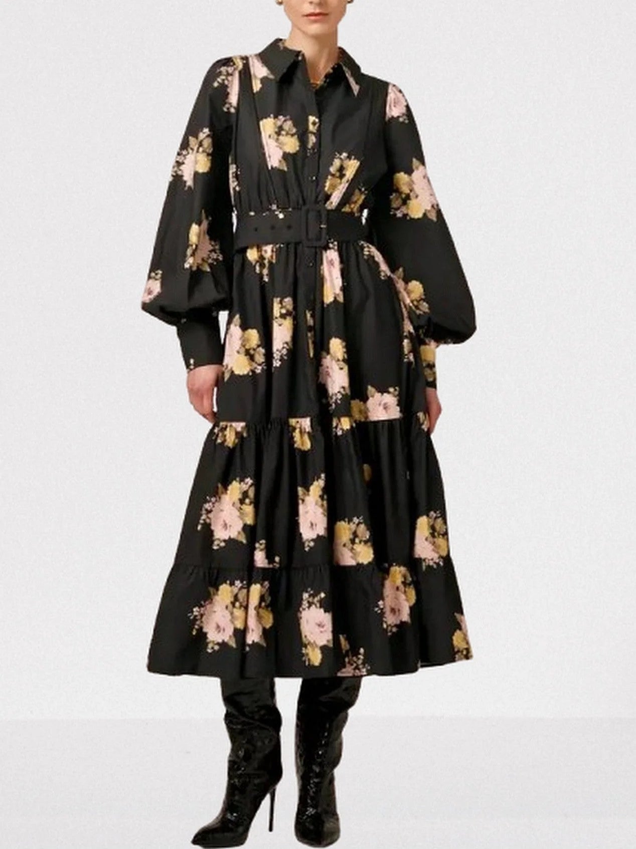 Floral Corsage Print Puff-Sleeve Black Belted Dress - Small - Dresses